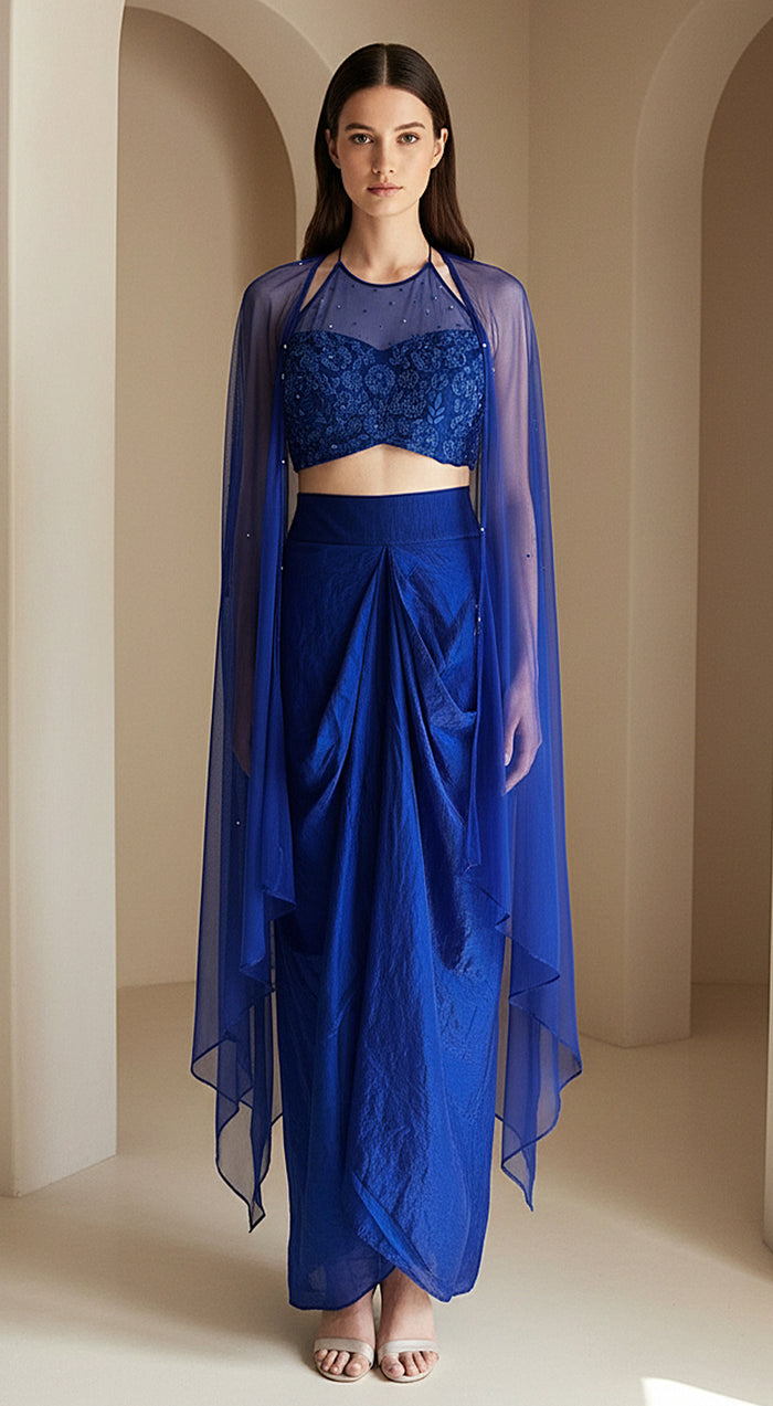 Blue Crushed Tissue Embroidered Cape Set