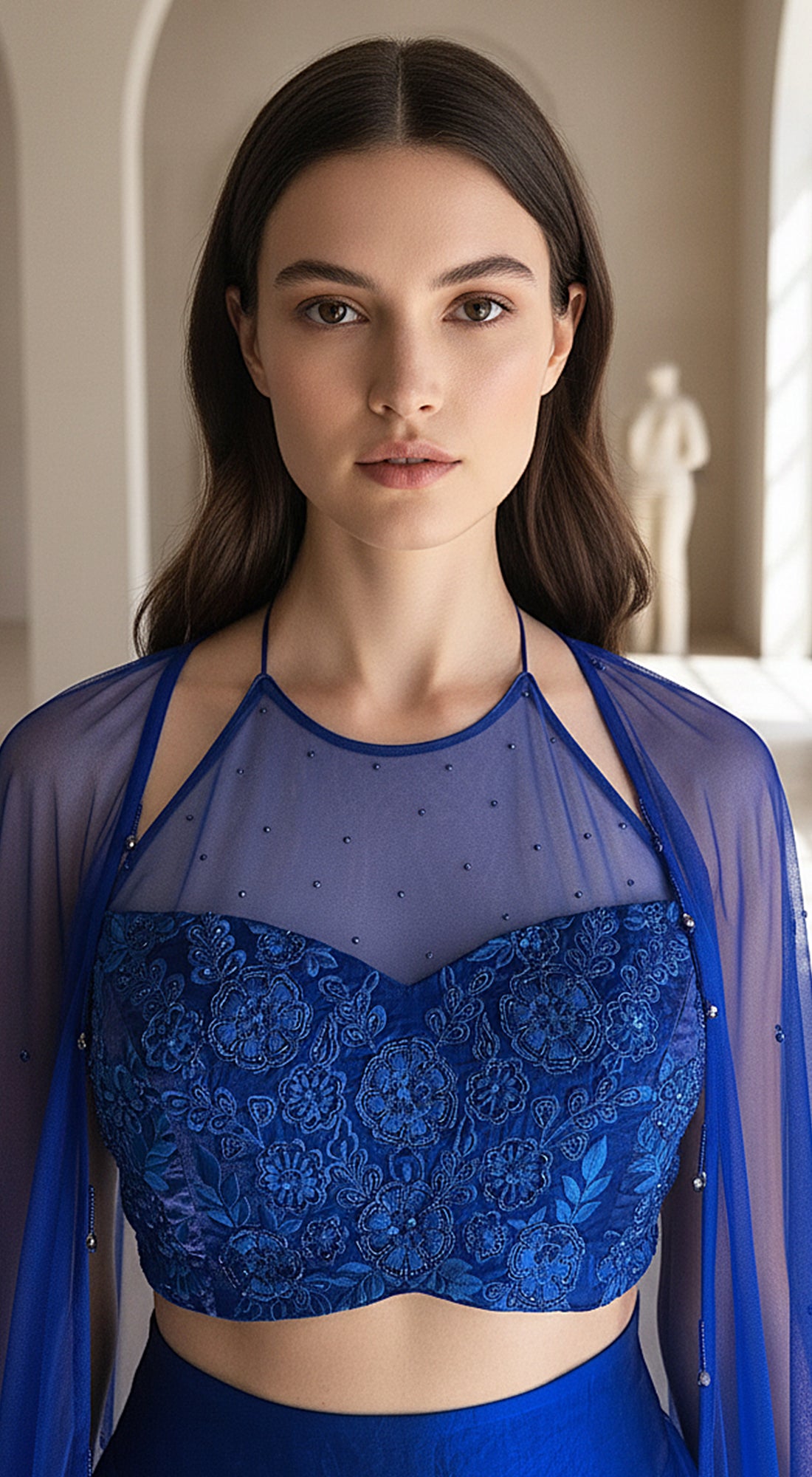 Blue Crushed Tissue Embroidered Cape Set