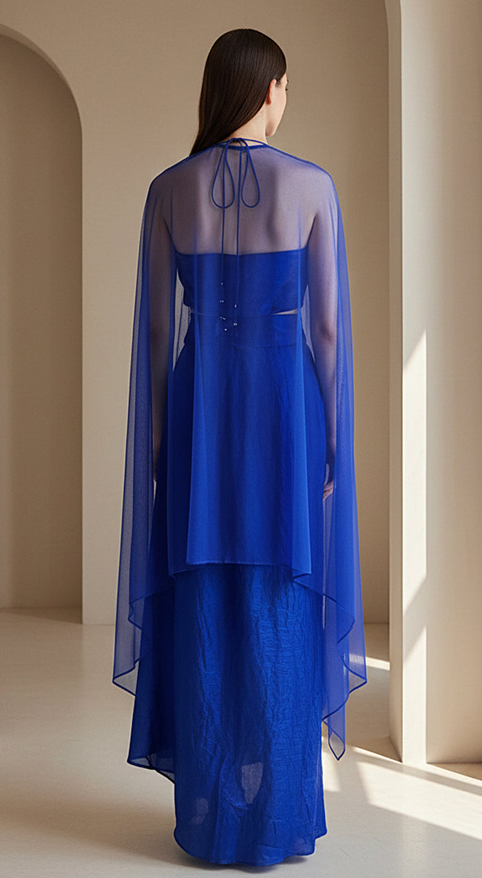 Blue Crushed Tissue Embroidered Cape Set