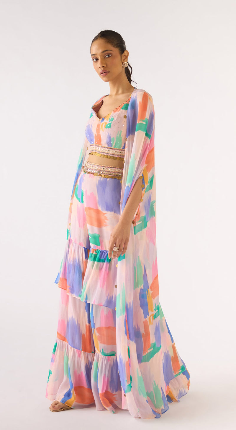 Lilac Georgette Embroidered Cape Set