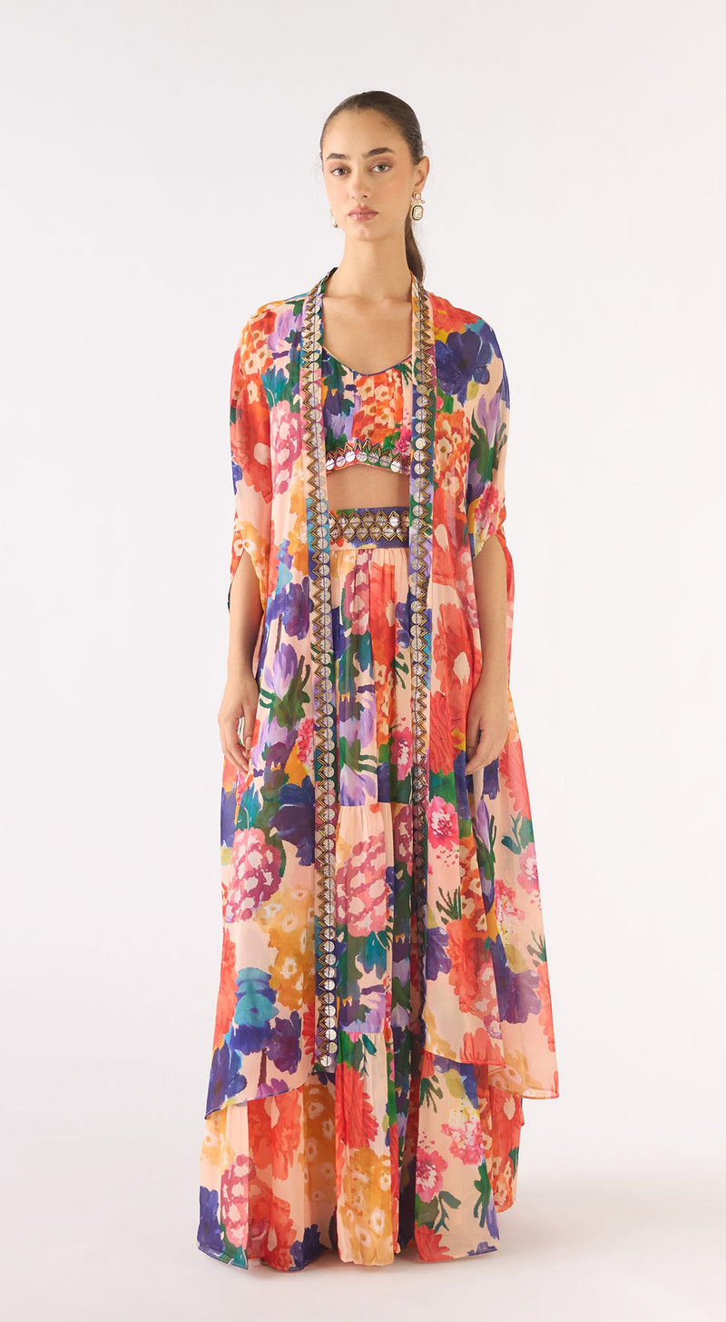 Ivory Georgette Embellished Cape Set