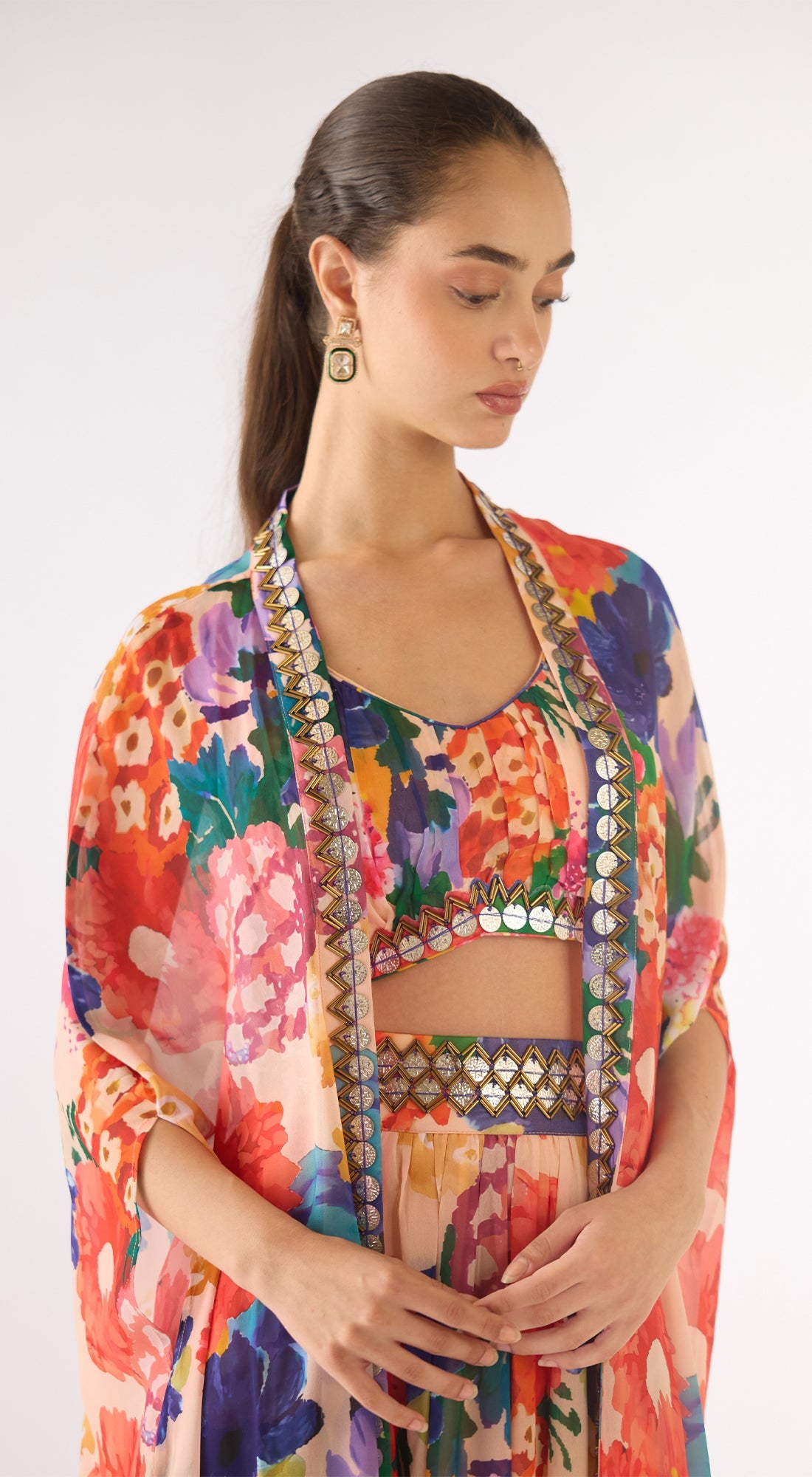 Ivory Georgette Embellished Cape Set