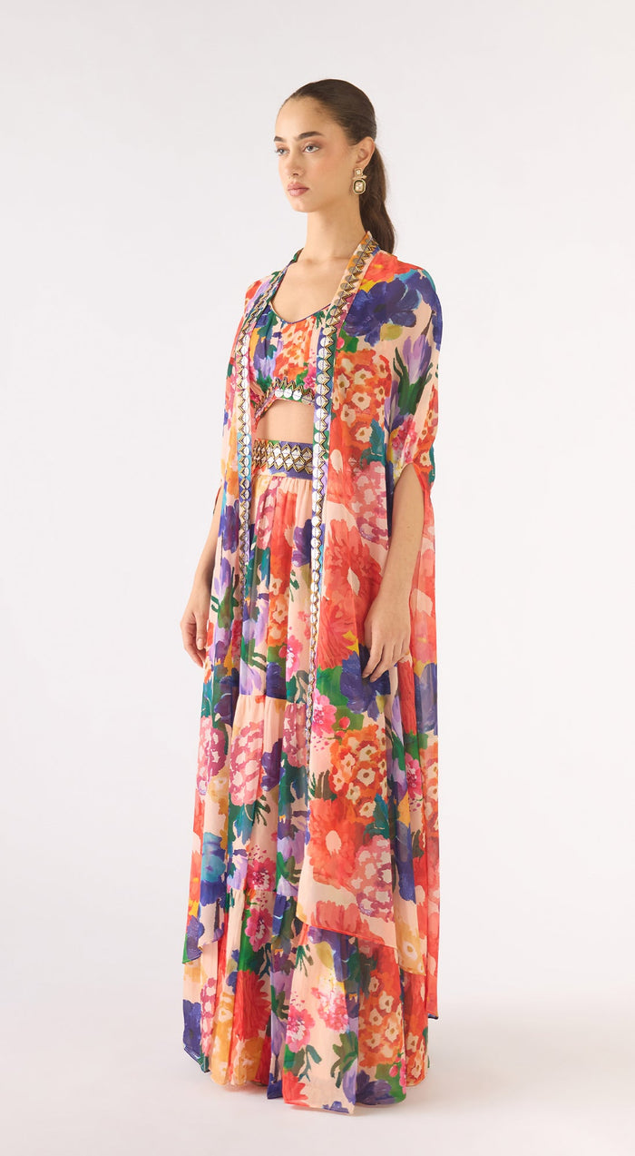 Ivory Georgette Embellished Cape Set