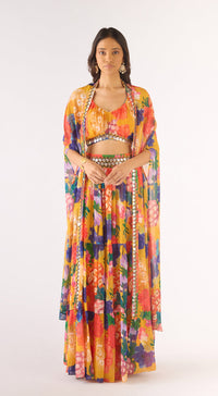 Yellow Georgette Embroidered Cape Set