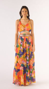 Yellow Georgette Embroidered Cape Set