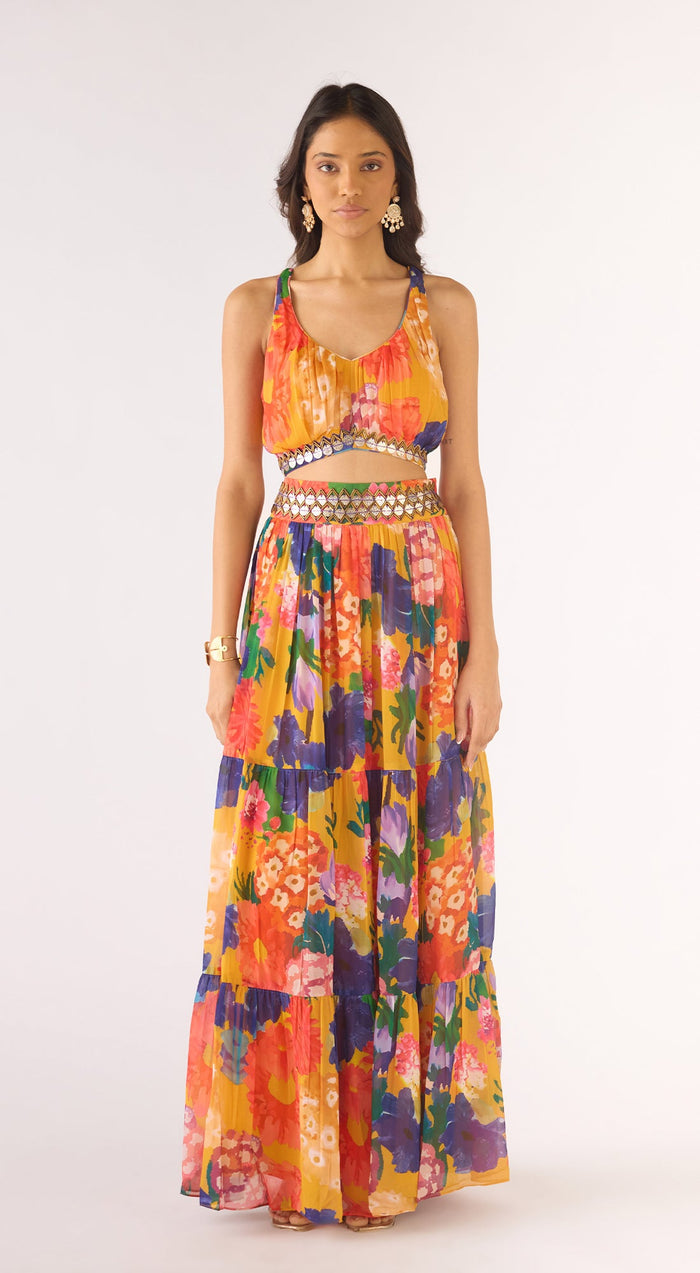 Yellow Georgette Embroidered Cape Set