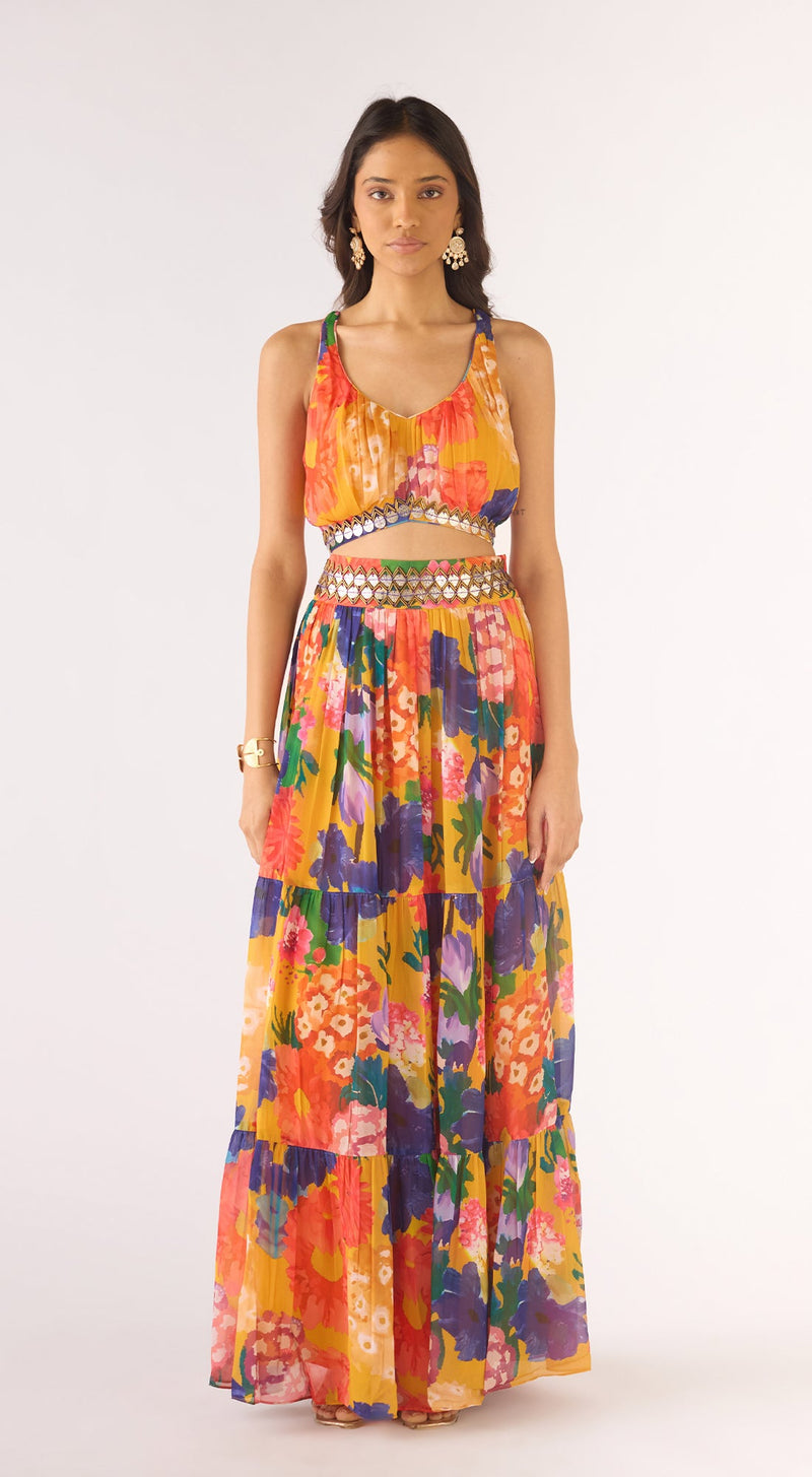 Yellow Georgette Embroidered Cape Set