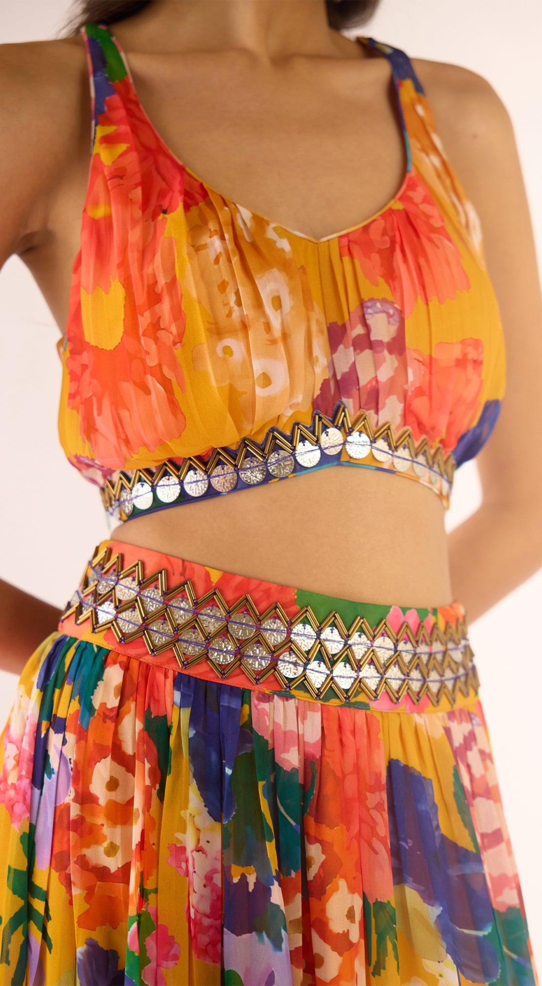 Yellow Georgette Embroidered Cape Set