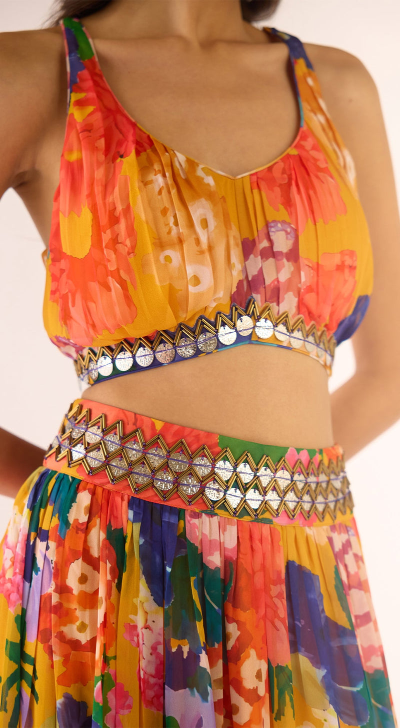 Yellow Georgette Embroidered Cape Set