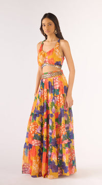 Yellow Georgette Embroidered Cape Set