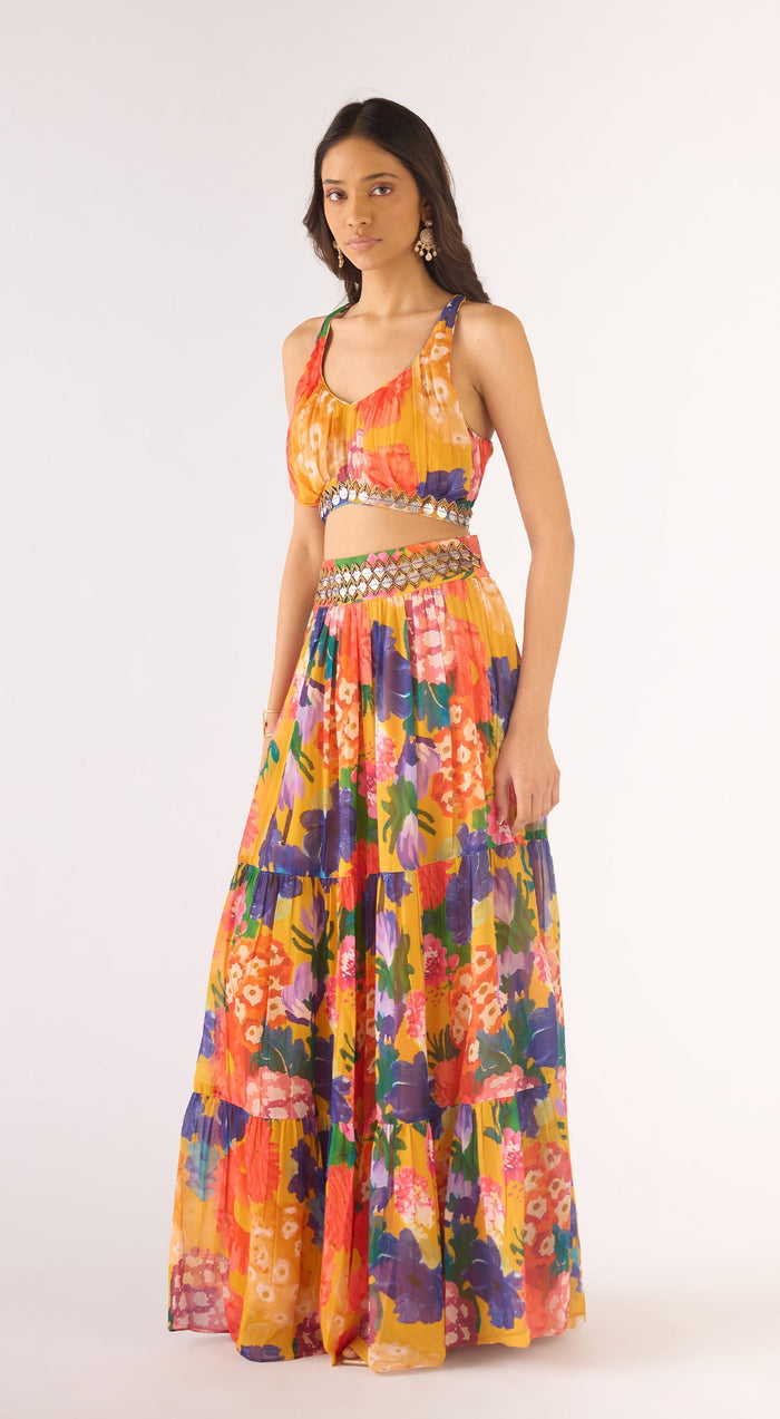 Yellow Georgette Embroidered Cape Set