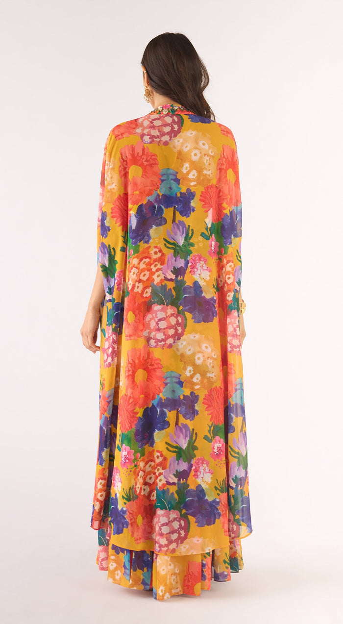 Yellow Georgette Embroidered Cape Set