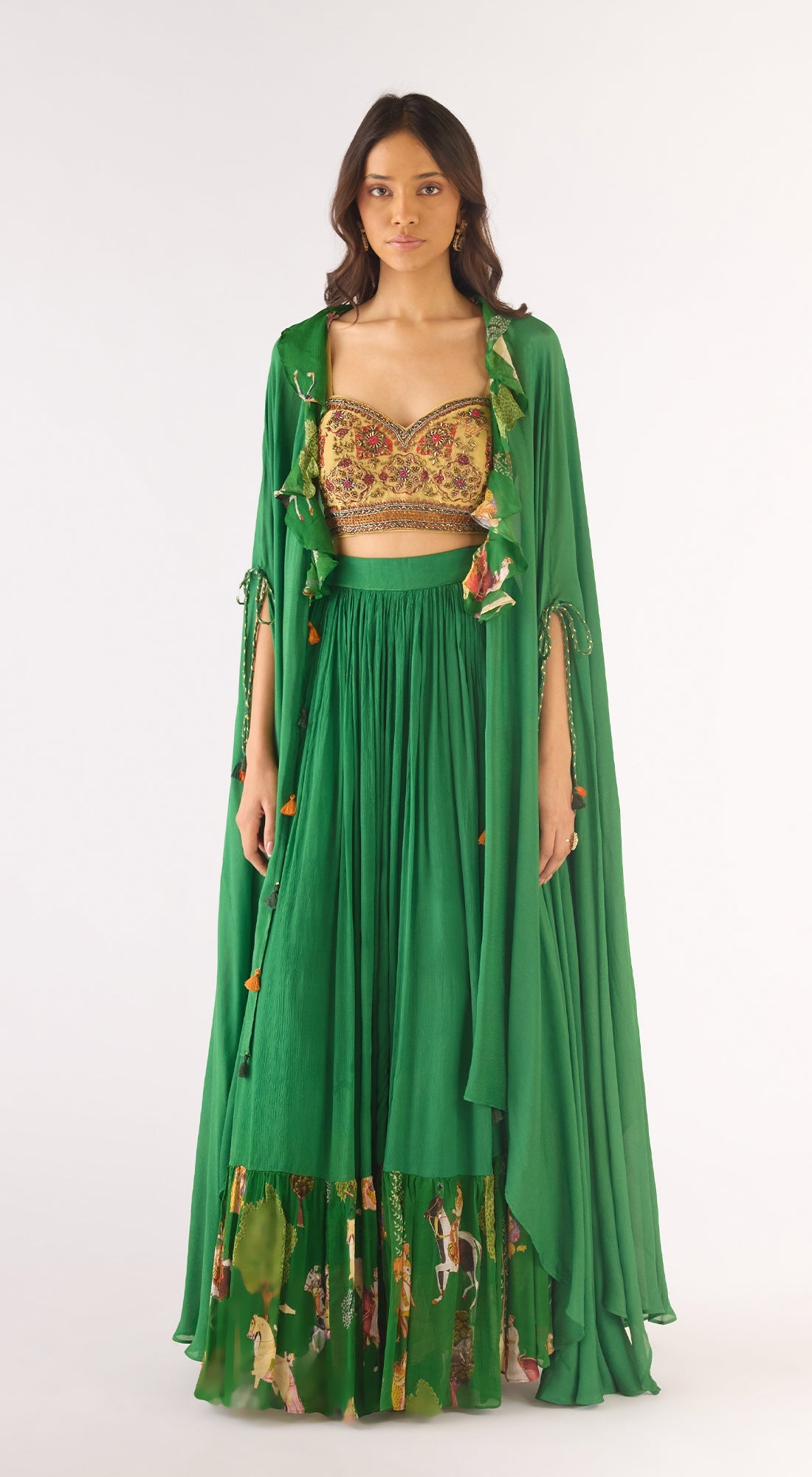 Green Organza Embroidered Cape Set