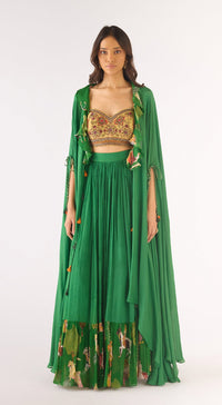 Green Organza Embroidered Cape Set