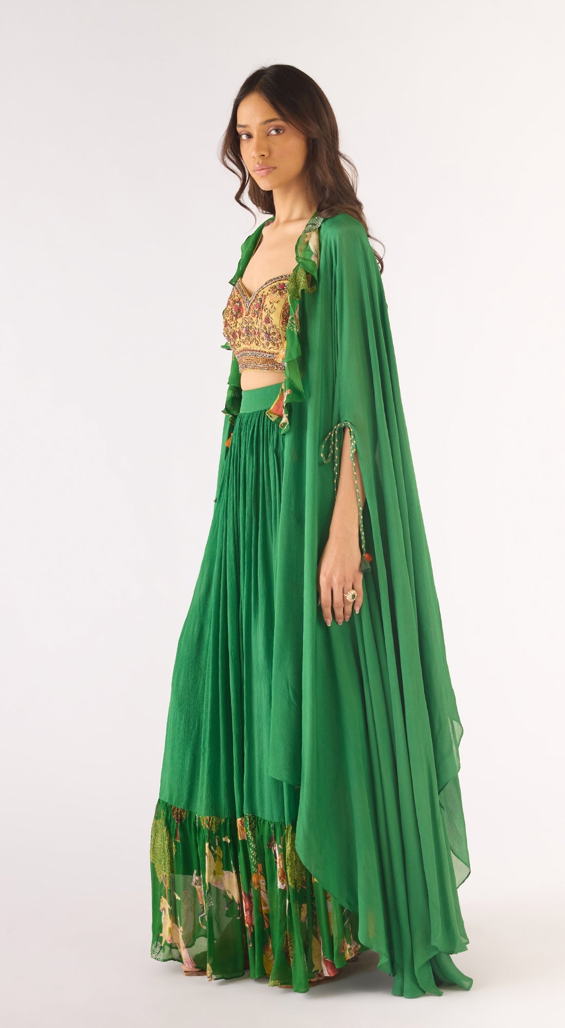 Green Organza Embroidered Cape Set