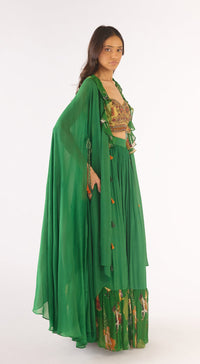 Green Organza Embroidered Cape Set