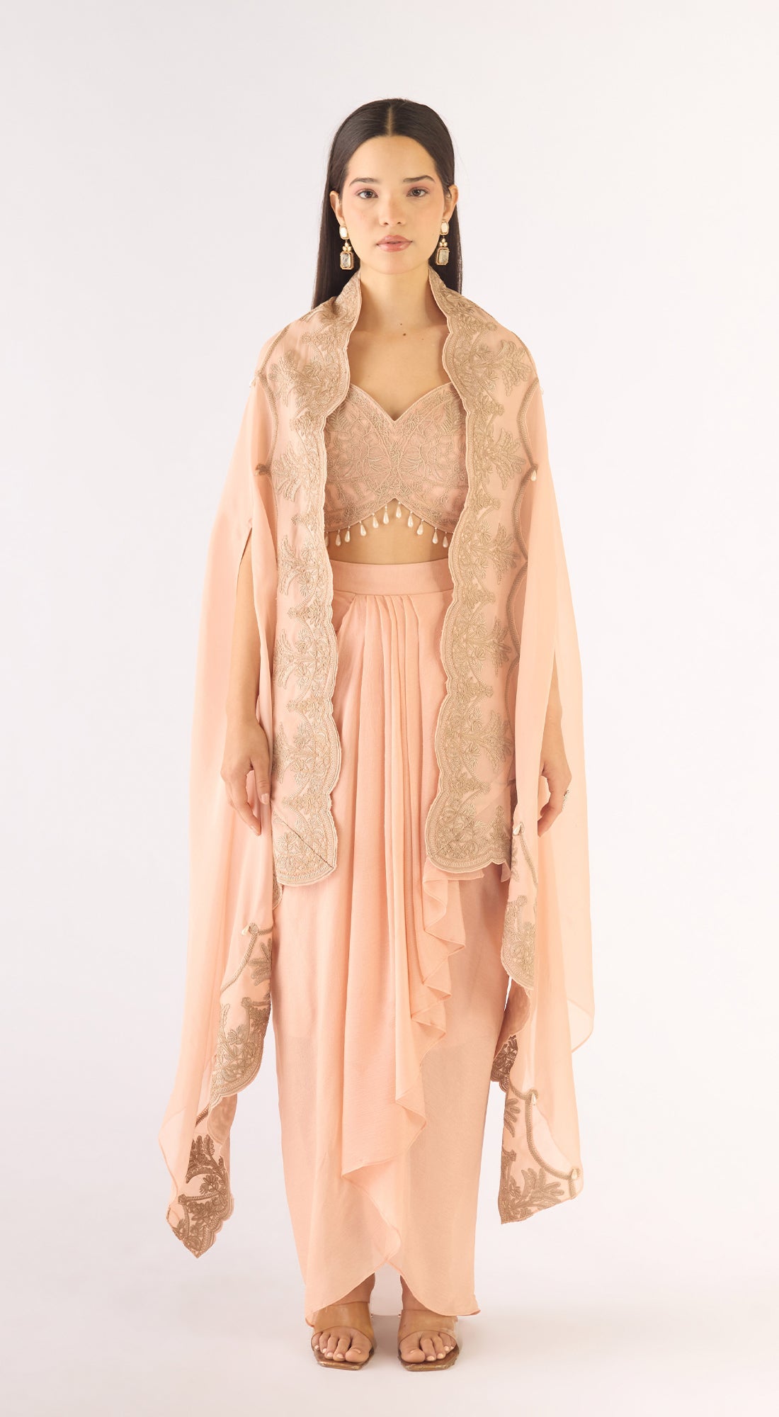 Peach Organza Embroidered Cape Set