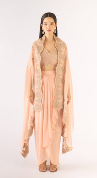 Peach Organza Embroidered Cape Set