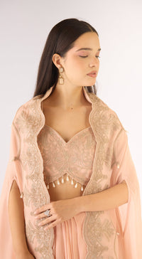 Peach Organza Embroidered Cape Set