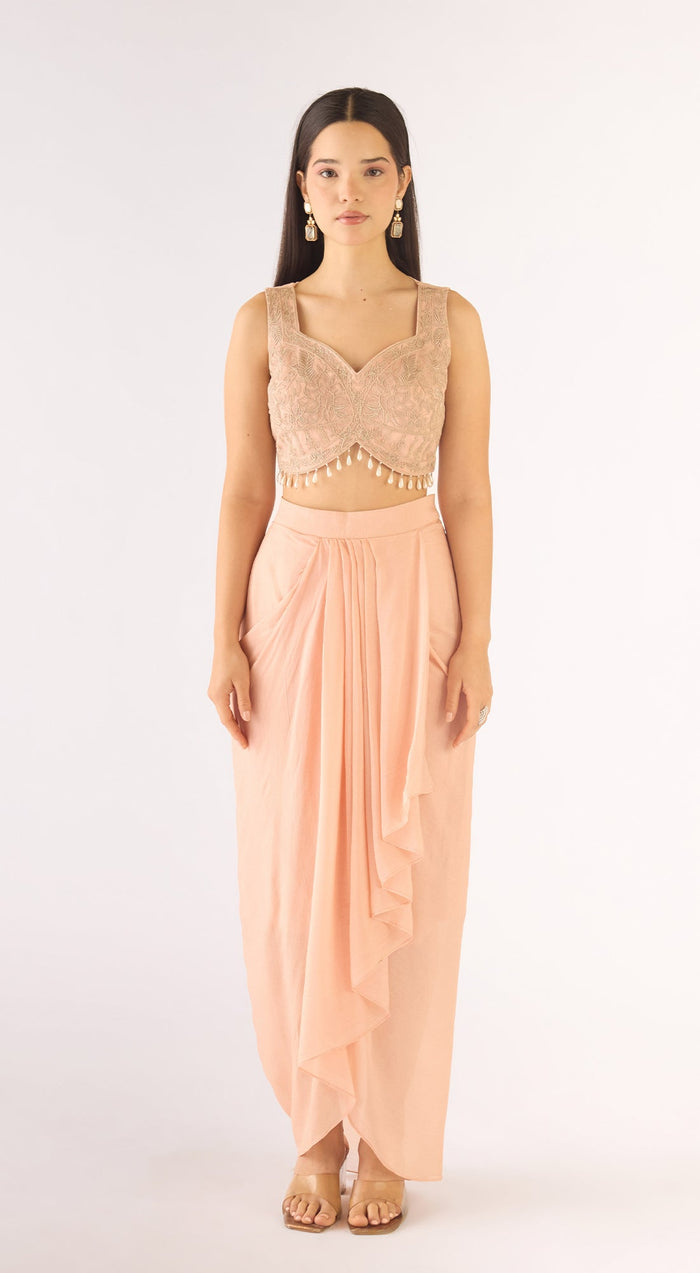 Peach Organza Embroidered Cape Set