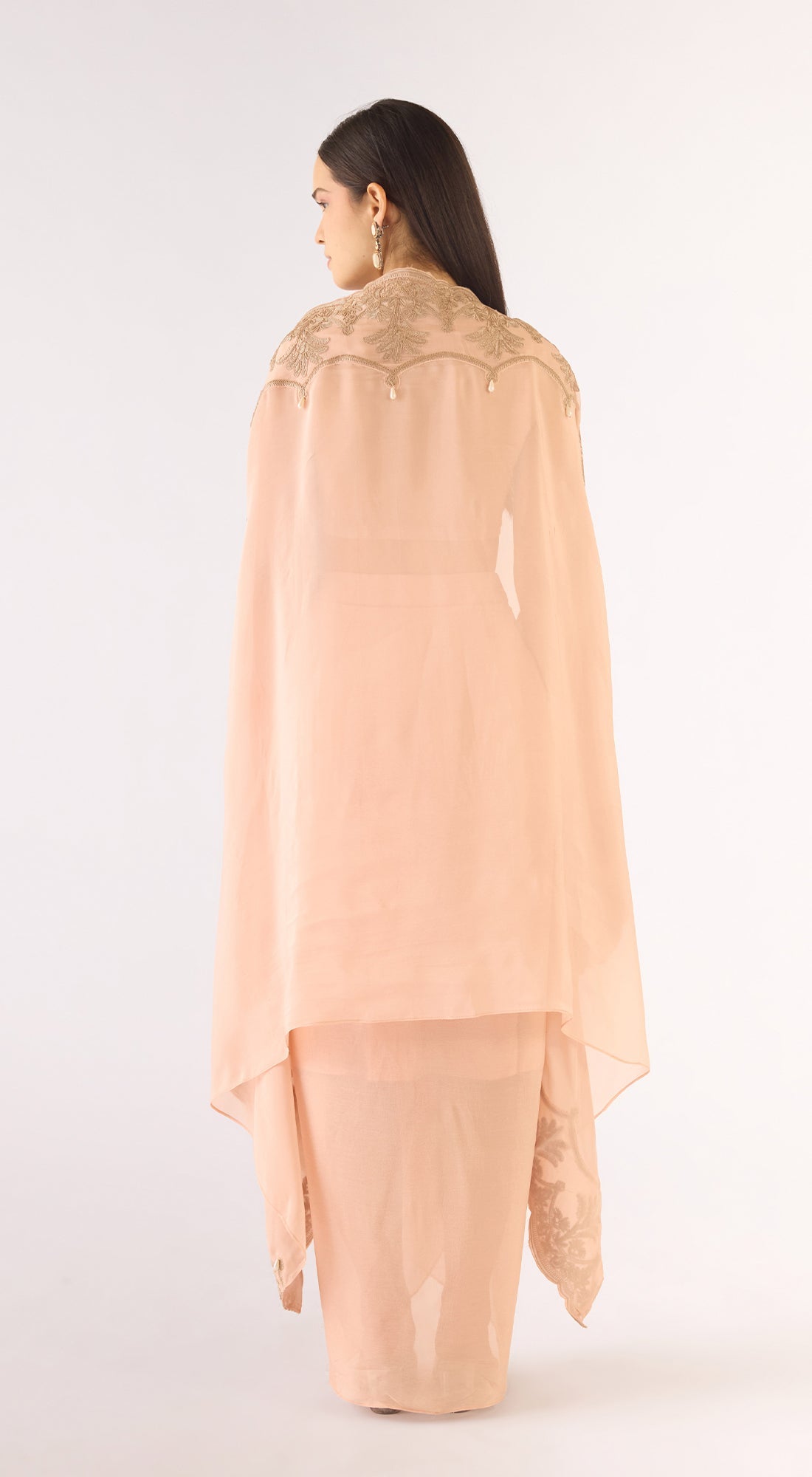 Peach Organza Embroidered Cape Set