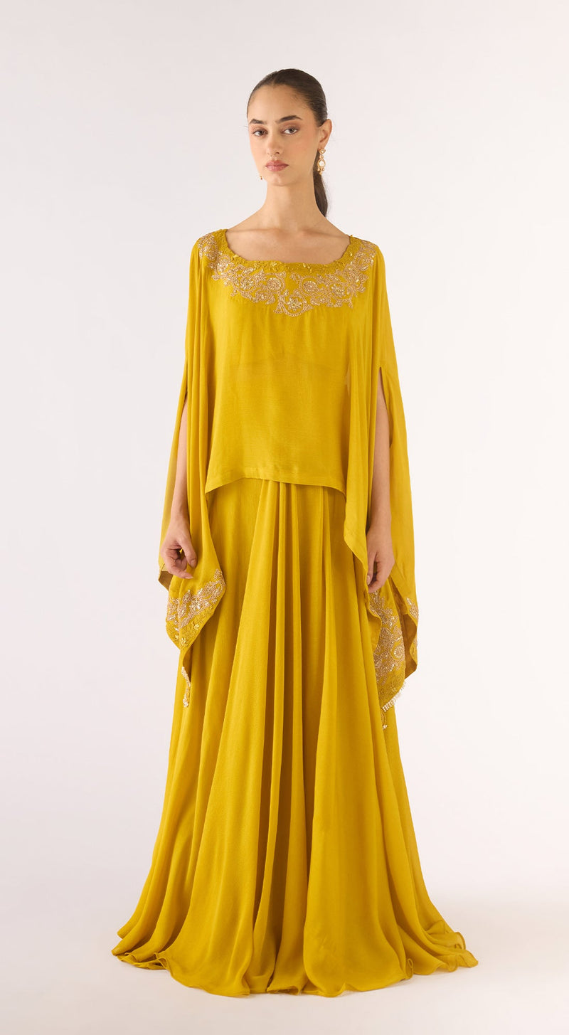 Mustard Cotton Silk Embroidered Kaftan Set