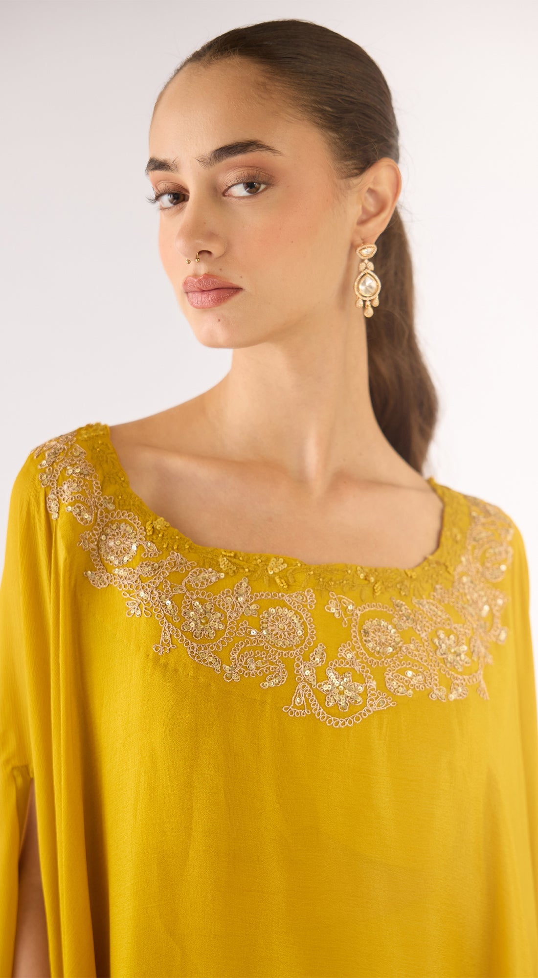 Mustard Cotton Silk Embroidered Kaftan Set