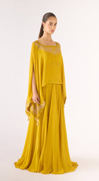 Mustard Cotton Silk Embroidered Kaftan Set