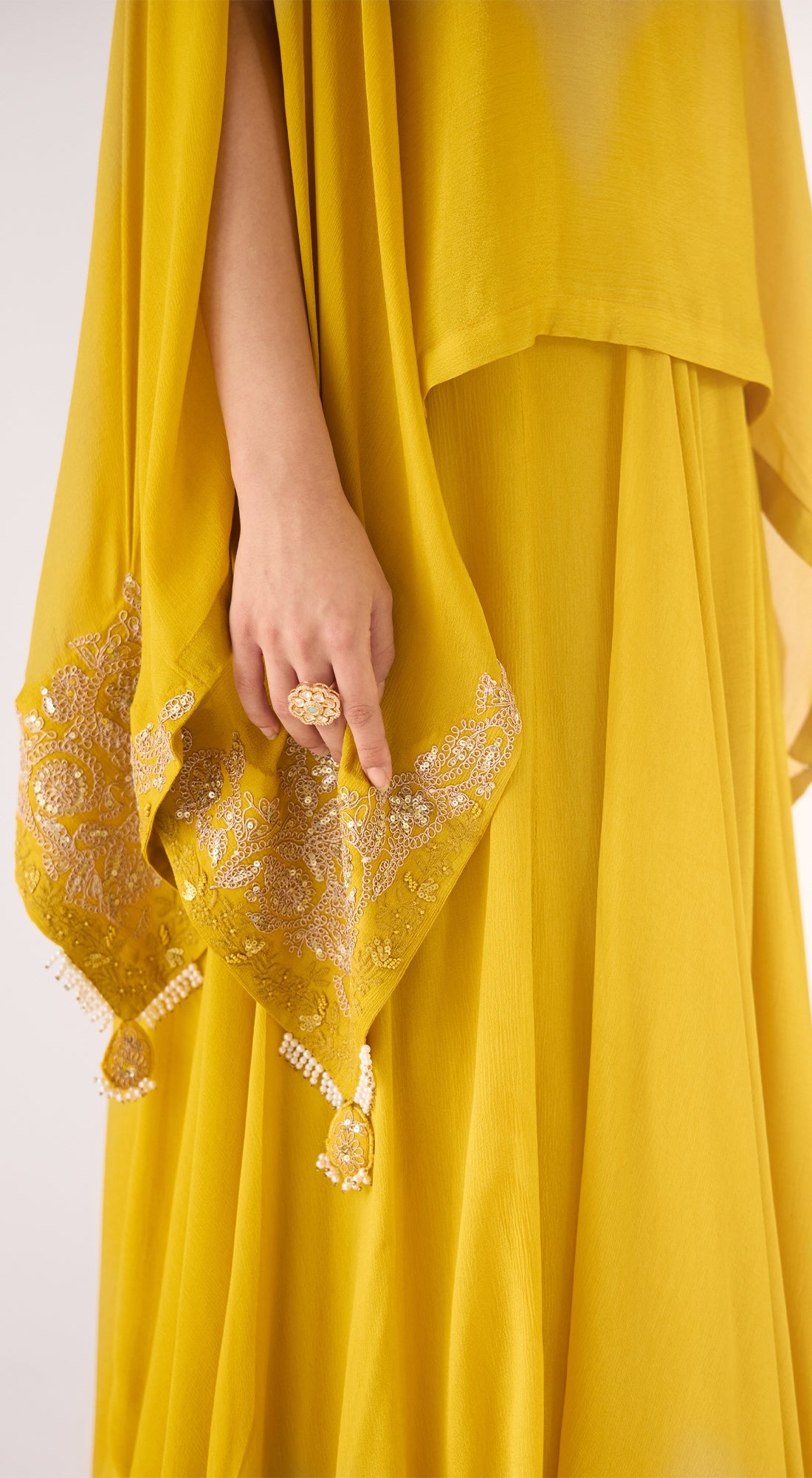 Mustard Cotton Silk Embroidered Kaftan Set