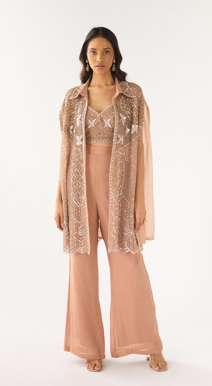 Peach Organza Embroidered Fusion Set