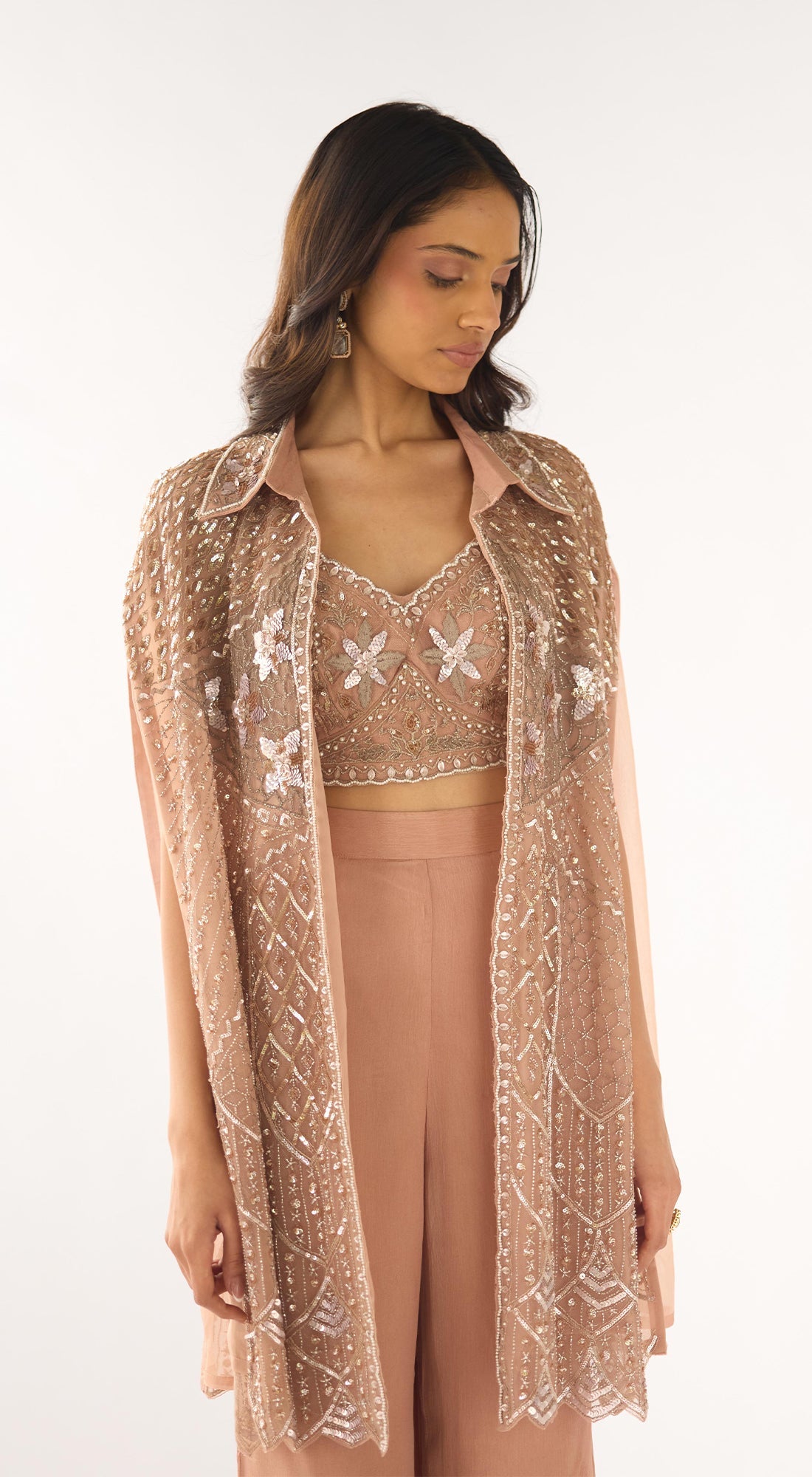 Peach Organza Embroidered Fusion Set