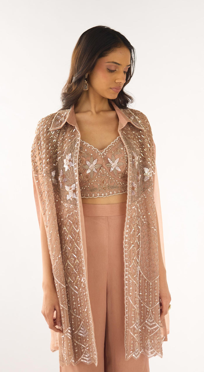 Peach Organza Embroidered Fusion Set