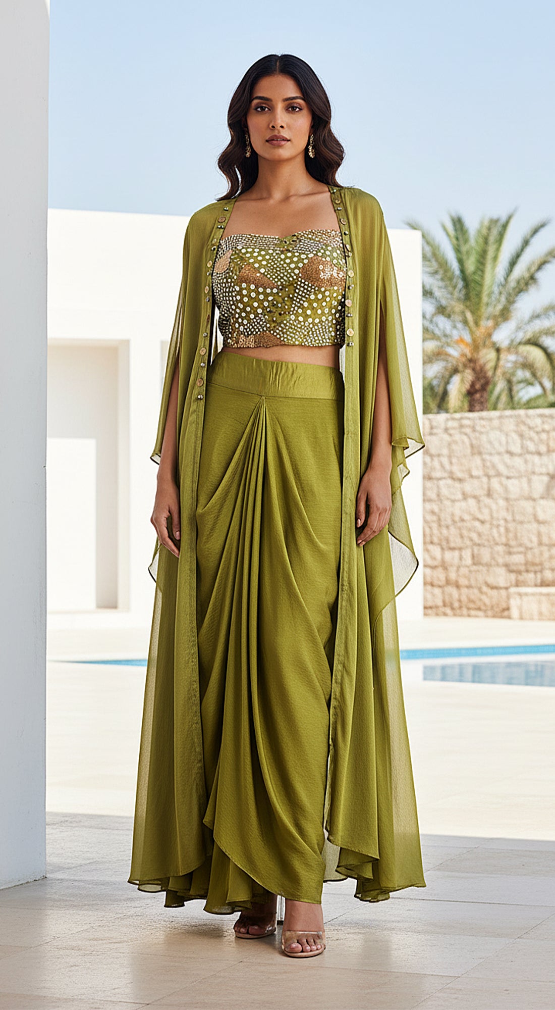 Hiand Cape set combinaison [U-3] ハイアンド Green Chinon Embroidered Cape Set – Basanti Kapde aur Koffee