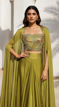 Green Chinon Embroidered Cape Set