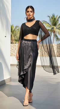 Black Georgette Embroidered Fusion Set