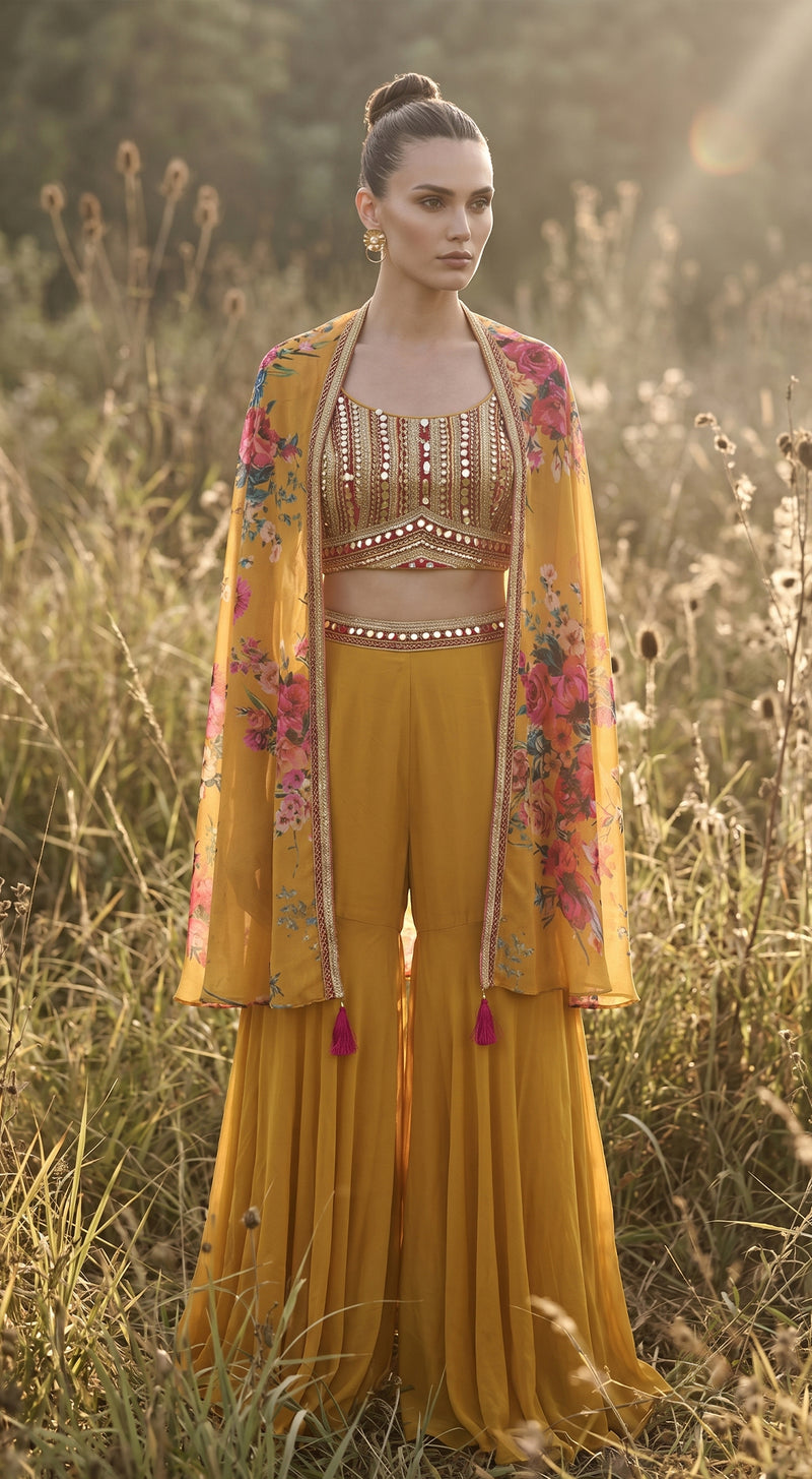 Yellow Georgette Embroidered Cape Set