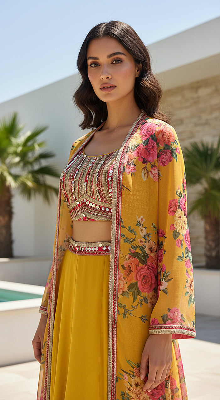Yellow Georgette Embroidered Cape Set