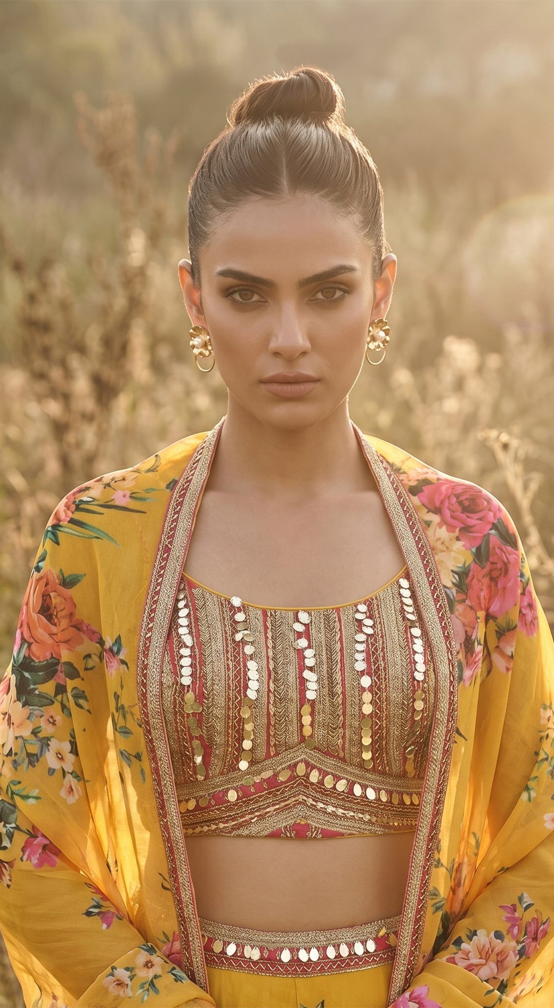 Yellow Georgette Embroidered Cape Set