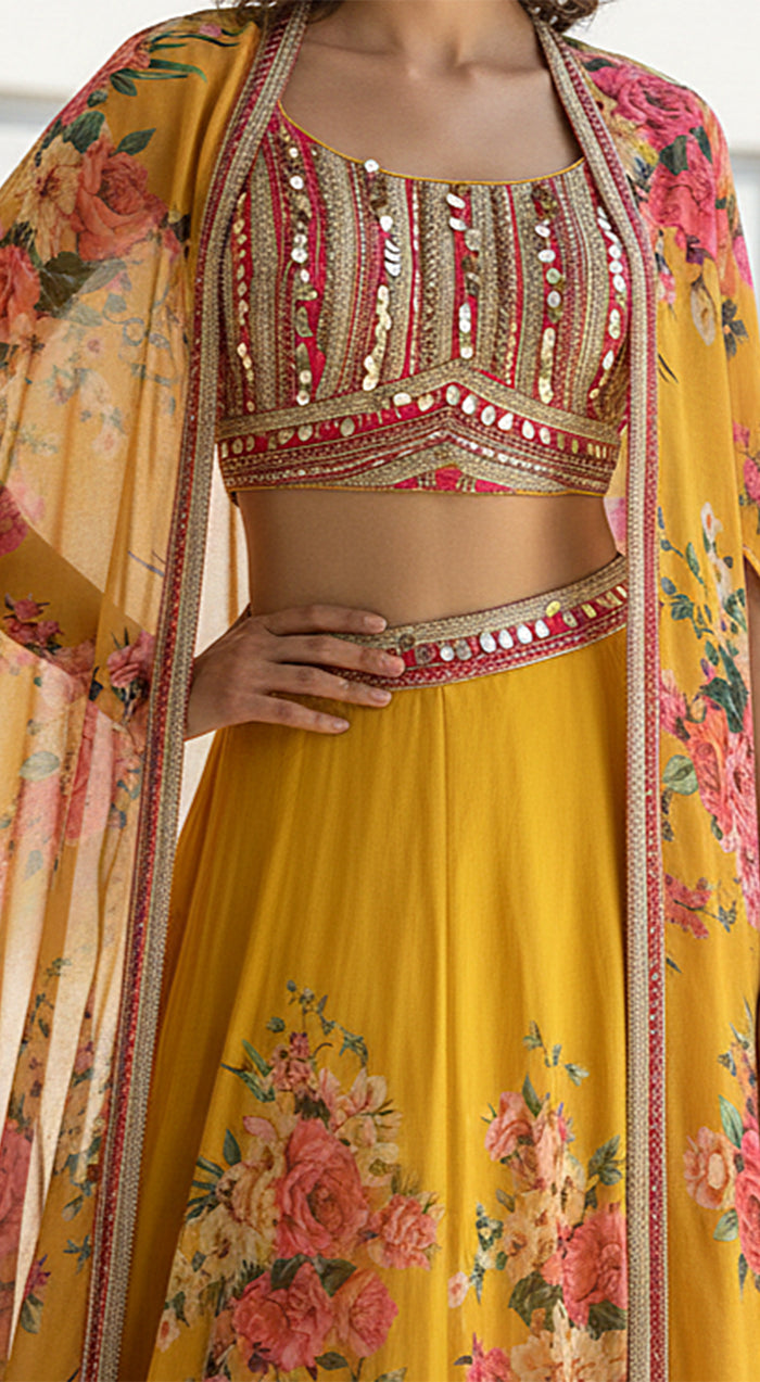 Yellow Georgette Embroidered Cape Set