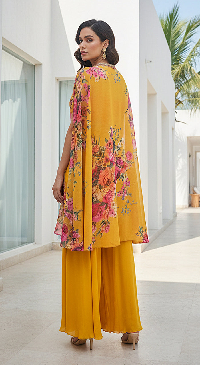 Yellow Georgette Embroidered Cape Set
