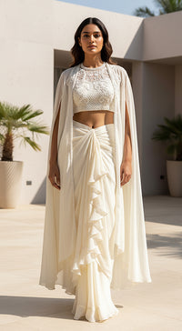 Ivory Georgette Embroidered Cape Set