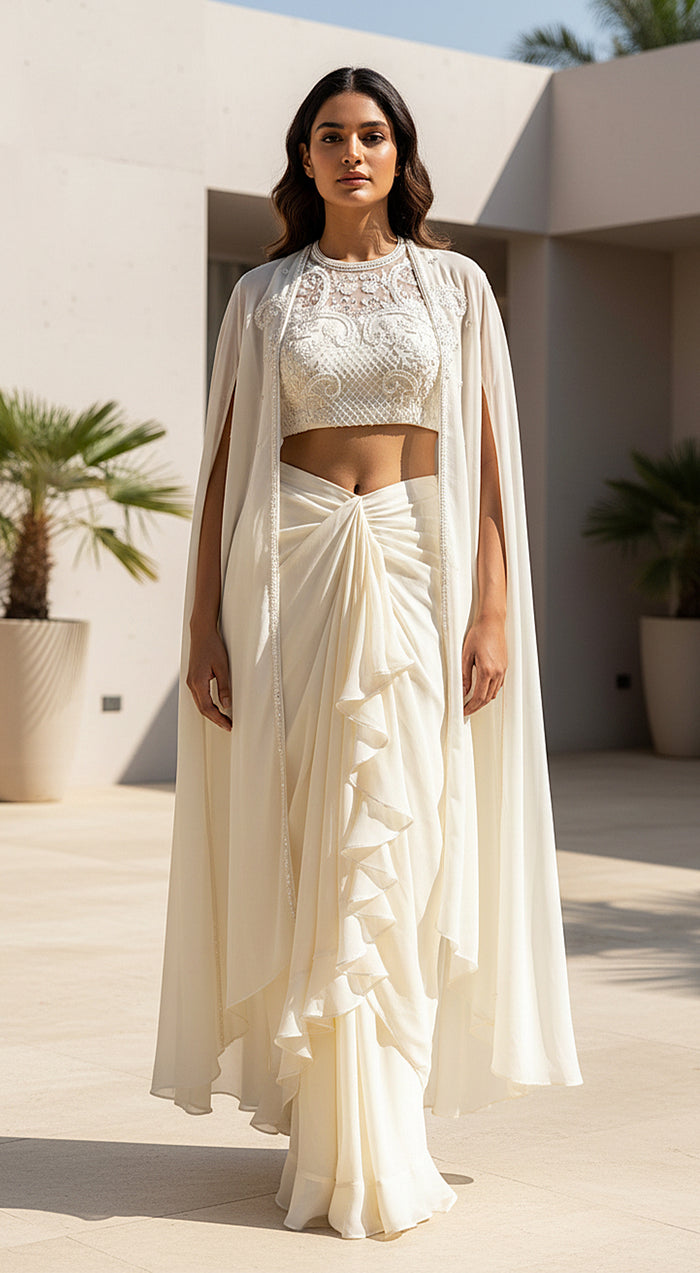 Ivory Georgette Embroidered Cape Set