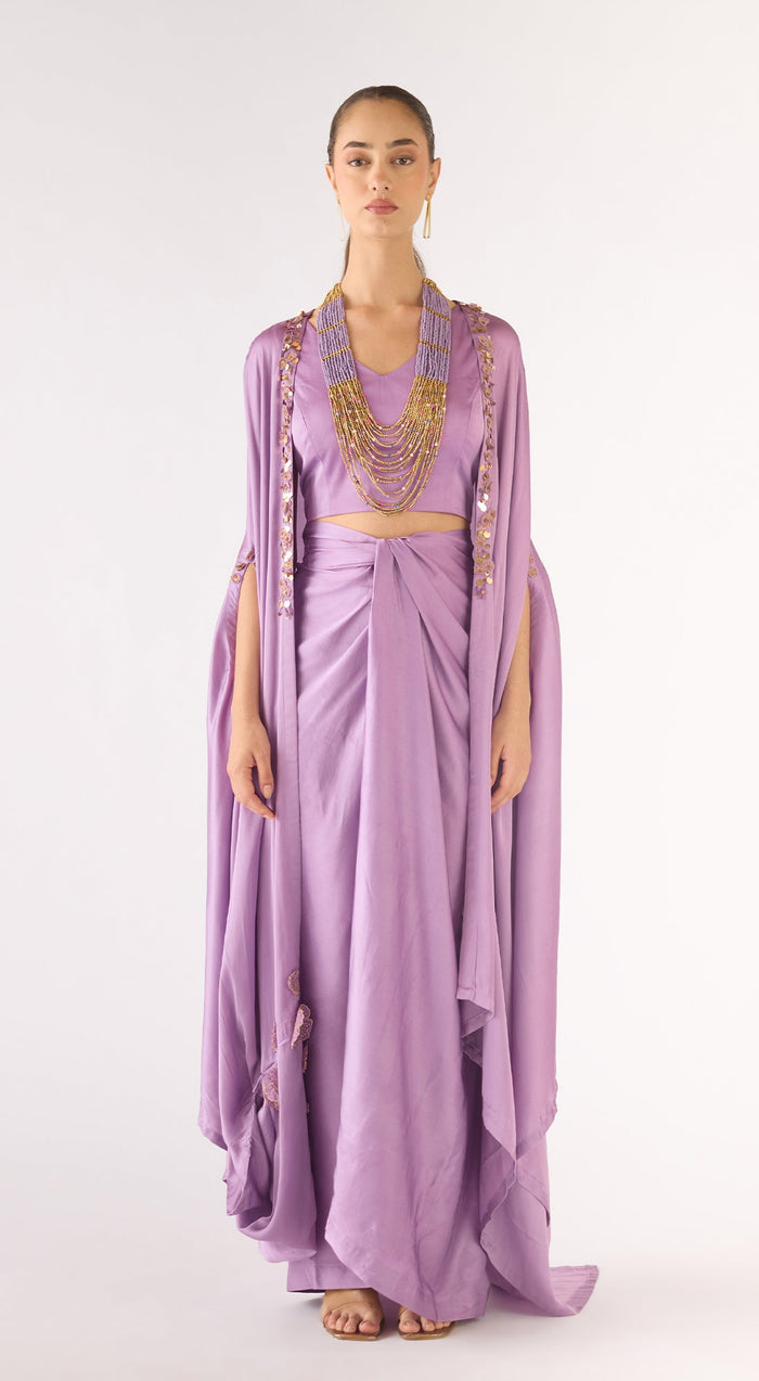 Lilac Satin Embroidered Cape Set