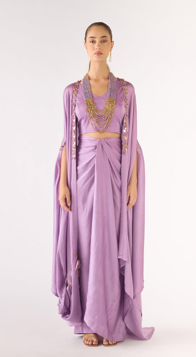 Lilac Satin Embroidered Cape Set