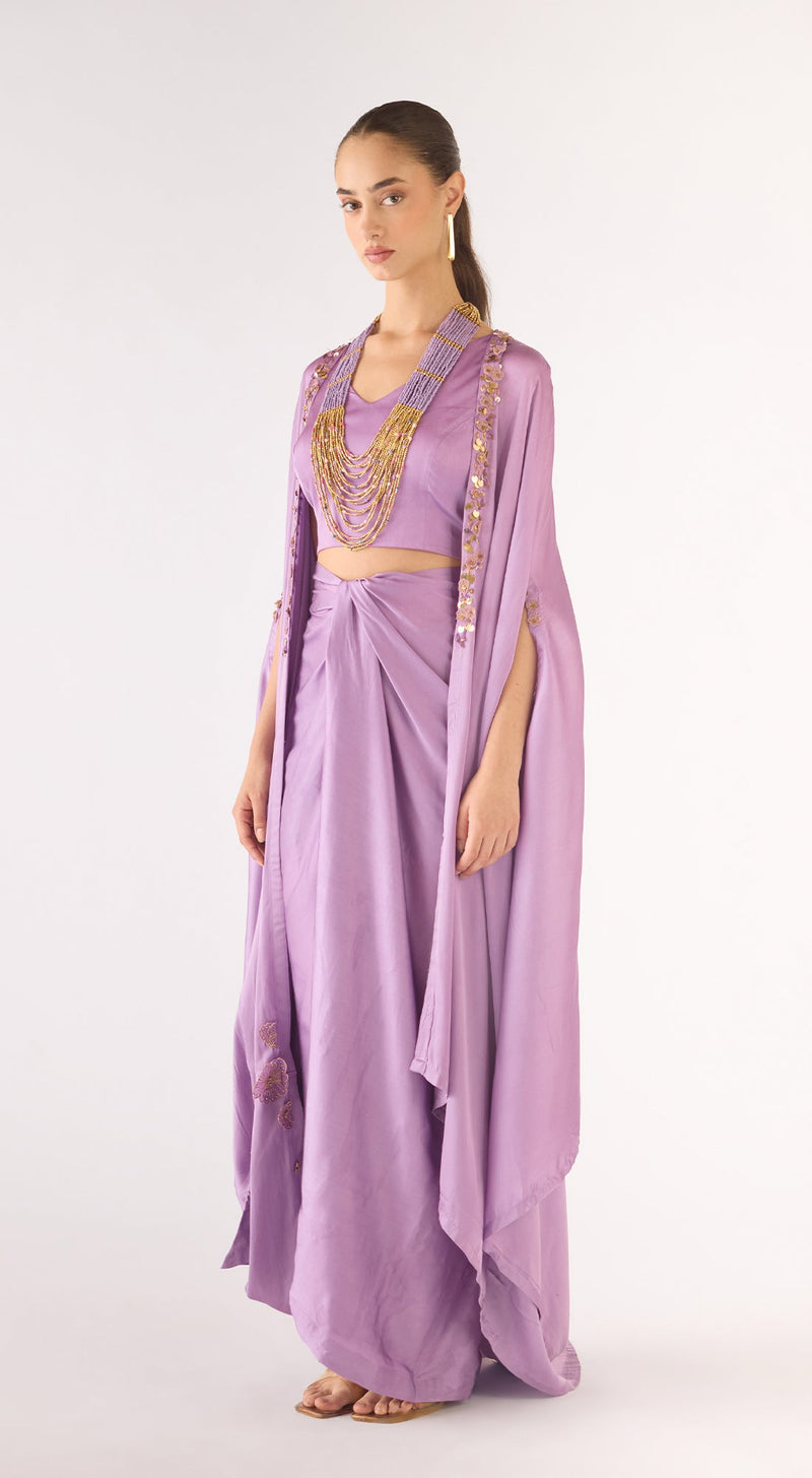 Lilac Satin Embroidered Cape Set