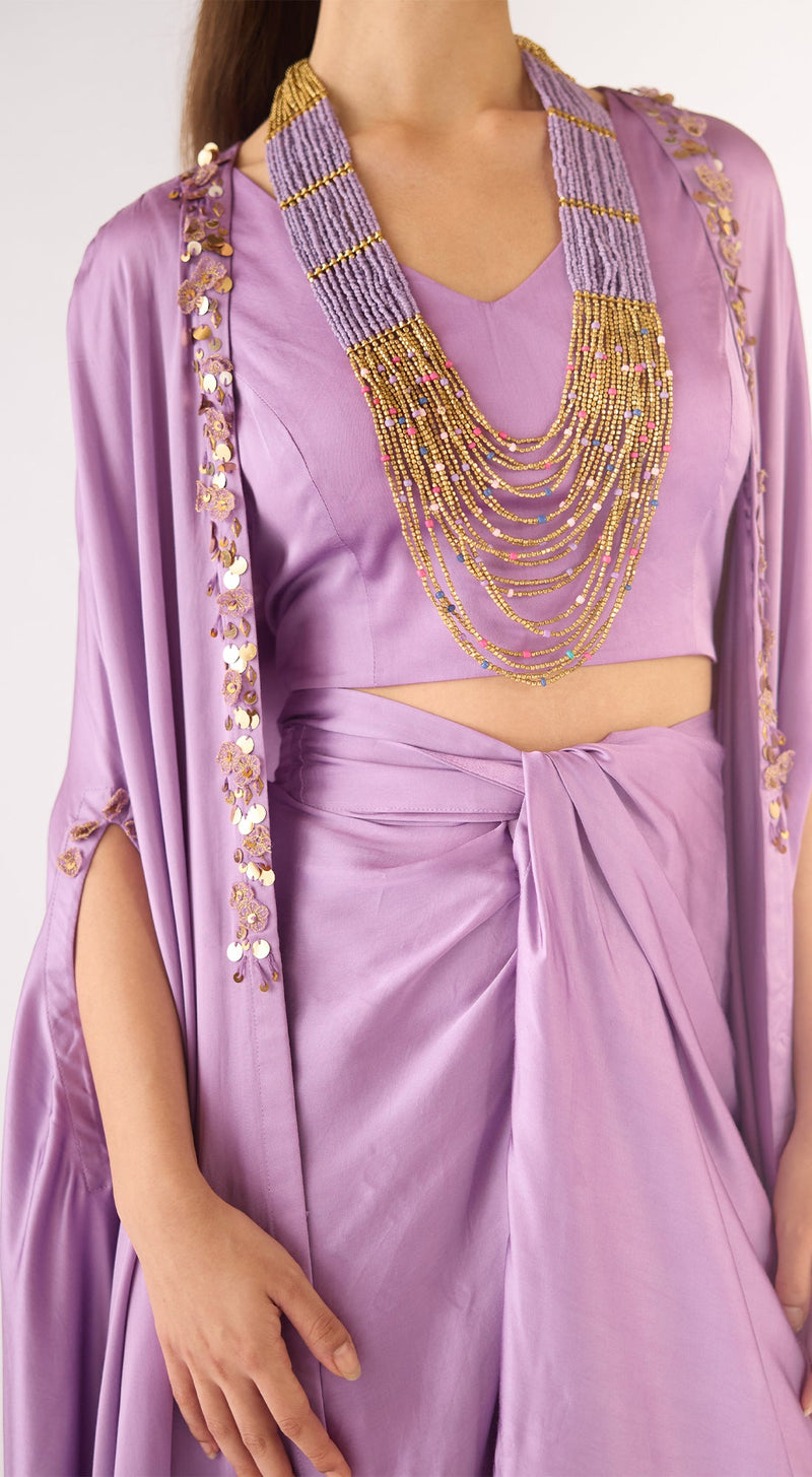 Lilac Satin Embroidered Cape Set