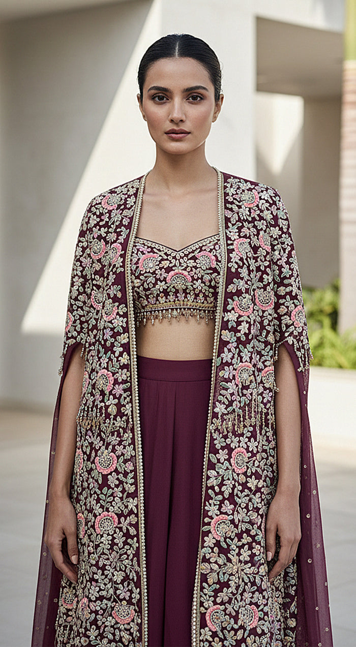 The Imperial Plum Embroidered Cape Set