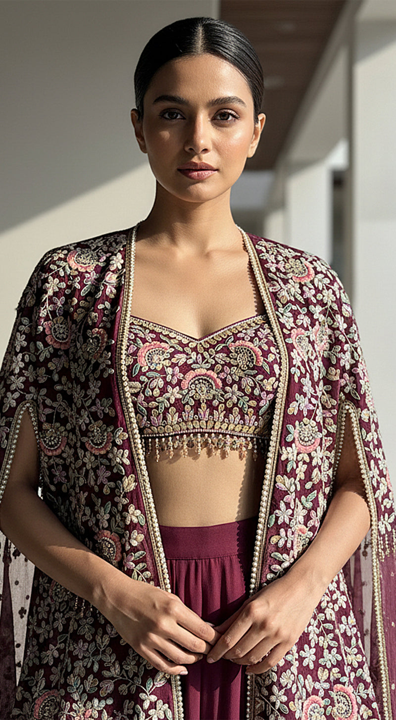 The Imperial Plum Embroidered Cape Set