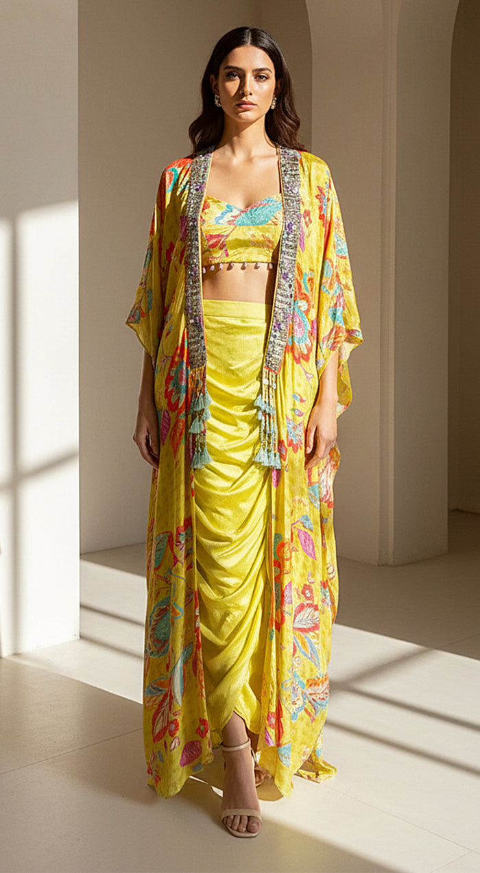 Lime Crepe Floral Embroidered Cape Set