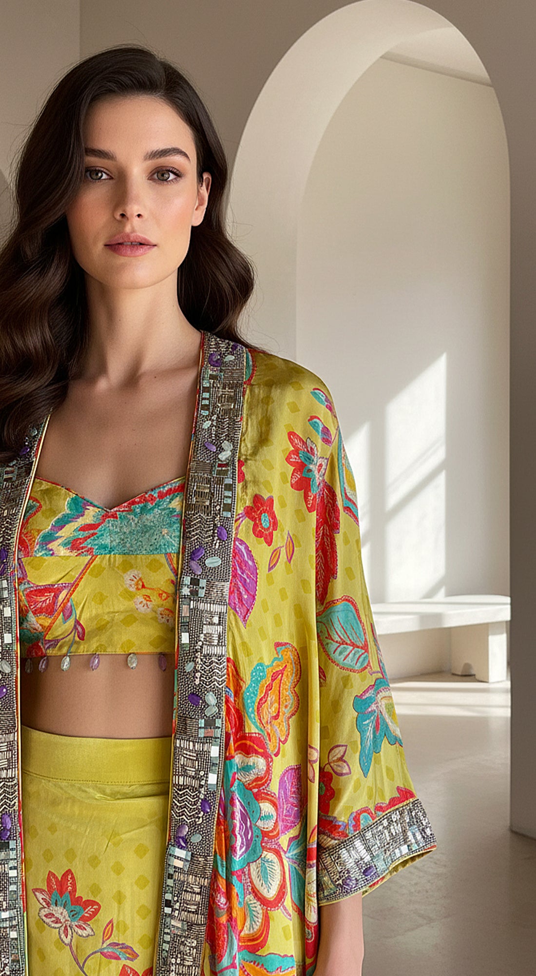 Lime Crepe Floral Embroidered Cape Set